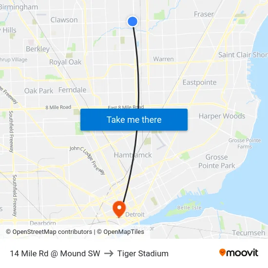14 Mile Rd @ Mound SW to Tiger Stadium map