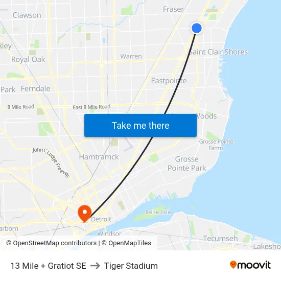 13 Mile & Gratiot SE to Tiger Stadium map