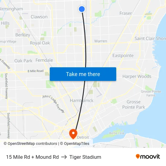 15 Mile Rd + Mound Rd to Tiger Stadium map