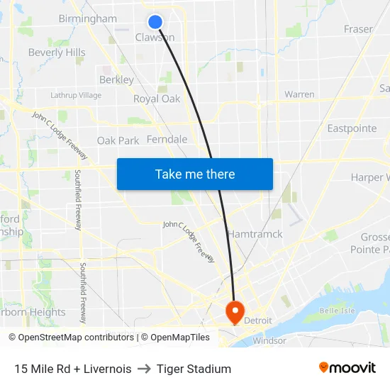 15 Mile & Livernois to Tiger Stadium map