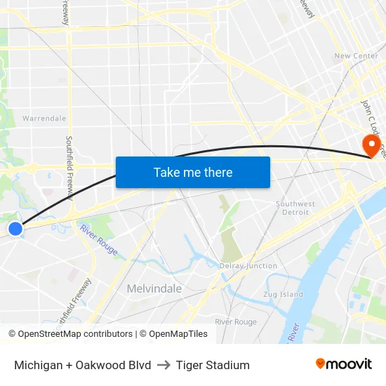 Michigan + Oakwood Blvd to Tiger Stadium map