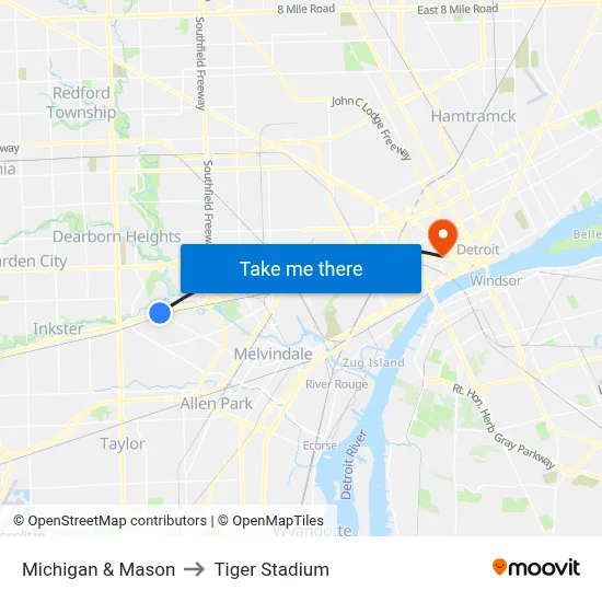 Michigan & Mason to Tiger Stadium map