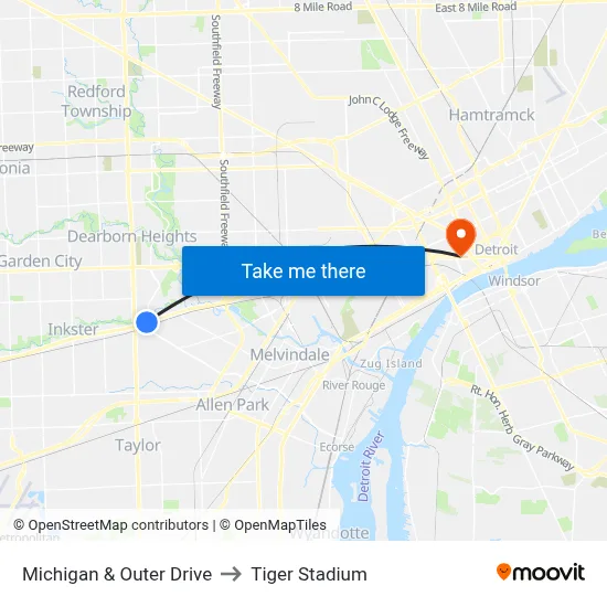 Michigan & Outer Drive to Tiger Stadium map
