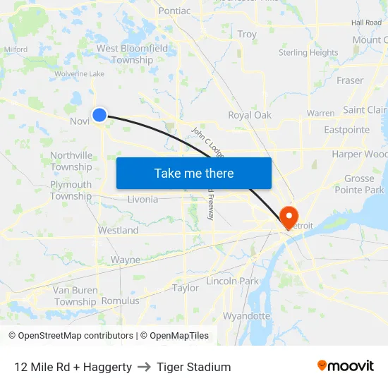 12 Mile Rd + Haggerty to Tiger Stadium map