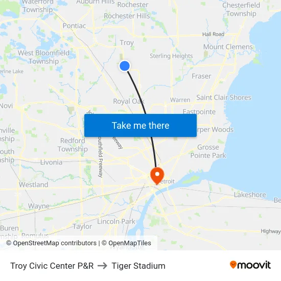 Troy Civic Center P&R to Tiger Stadium map