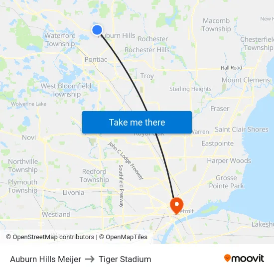Auburn Hills Meijer to Tiger Stadium map