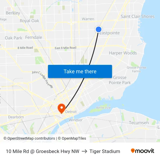 10 Mile Rd @ Groesbeck Hwy NW to Tiger Stadium map