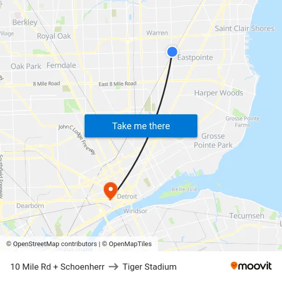 10 Mile Rd + Schoenherr to Tiger Stadium map