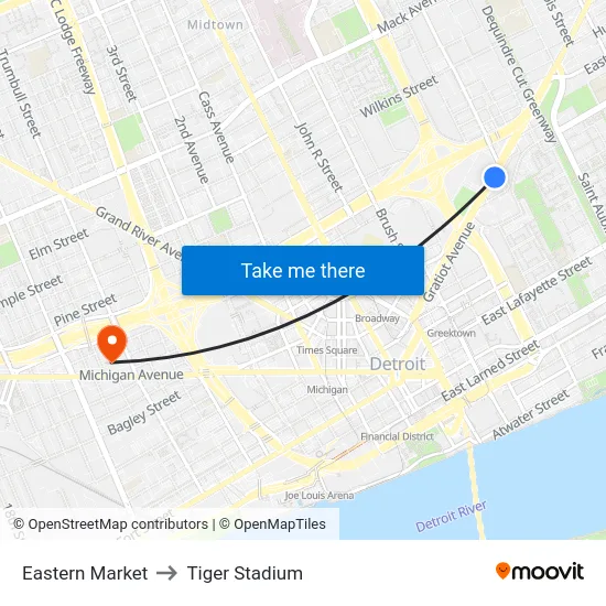 Eastern Market to Tiger Stadium map