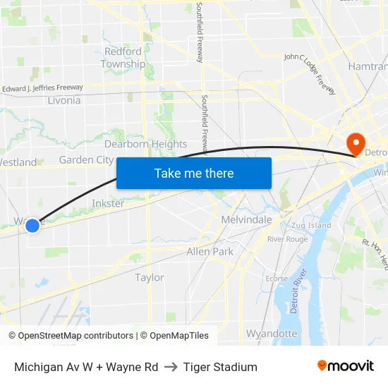 Michigan Av W & Wayne to Tiger Stadium map