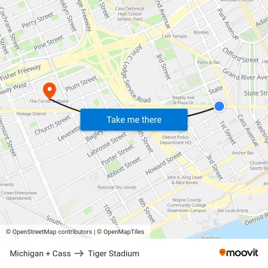 Michigan + Cass to Tiger Stadium map