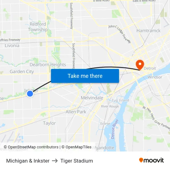 Michigan & Inkster to Tiger Stadium map