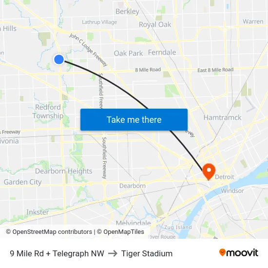 9 Mile Rd + Telegraph NW to Tiger Stadium map