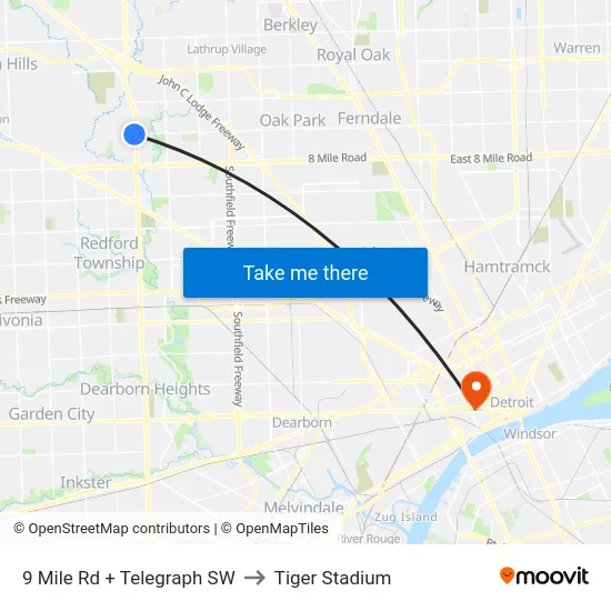 9 Mile Rd + Telegraph SW to Tiger Stadium map