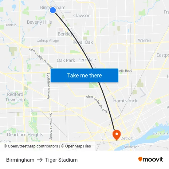 Birmingham to Tiger Stadium map