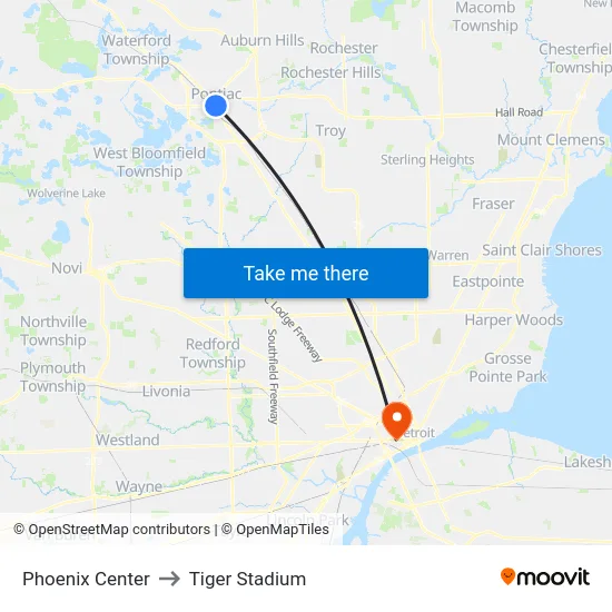 Downtown Pontiac to Tiger Stadium map