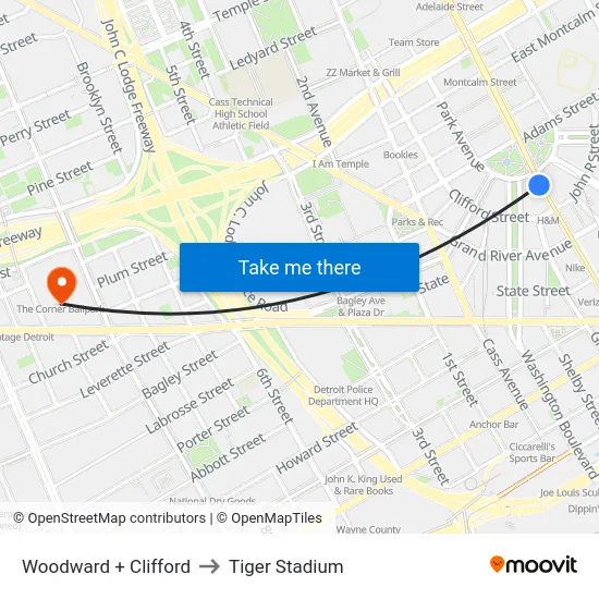 Woodward + Clifford to Tiger Stadium map