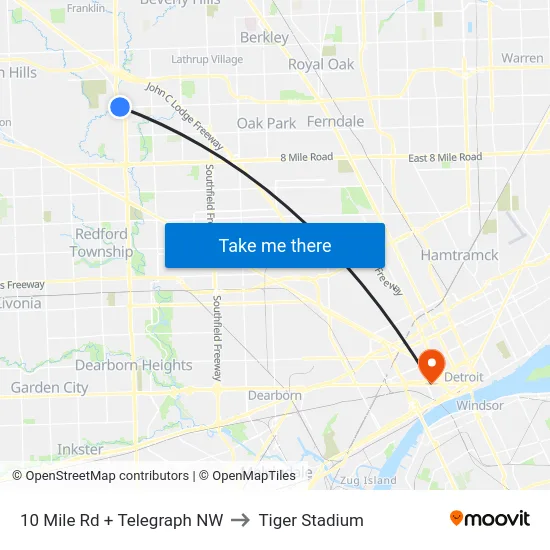 10 Mile & Telegraph NW to Tiger Stadium map