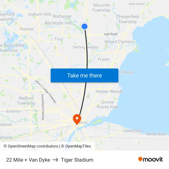 22 Mile & Van Dyke to Tiger Stadium map