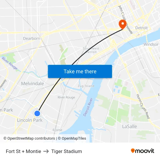 Fort St + Montie to Tiger Stadium map