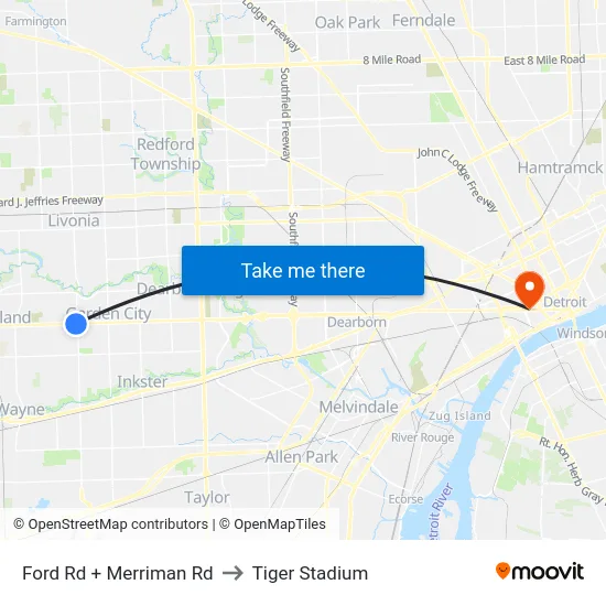 Ford & Merriman to Tiger Stadium map