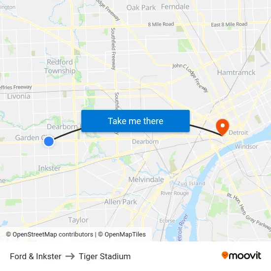Ford & Inkster to Tiger Stadium map