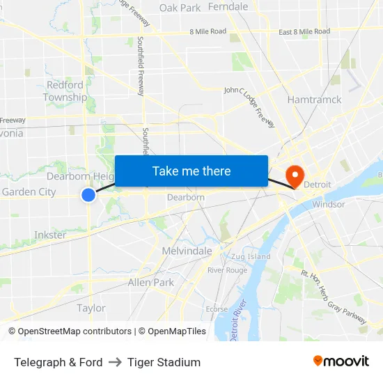 Telegraph & Ford to Tiger Stadium map