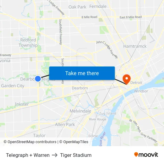 Telegraph & Warren to Tiger Stadium map