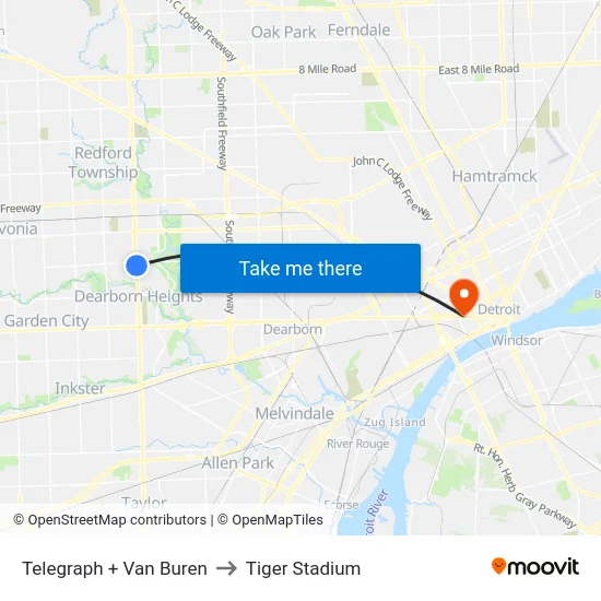 Telegraph + Van Buren to Tiger Stadium map