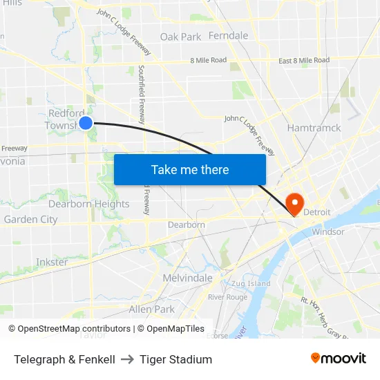Telegraph & Fenkell to Tiger Stadium map