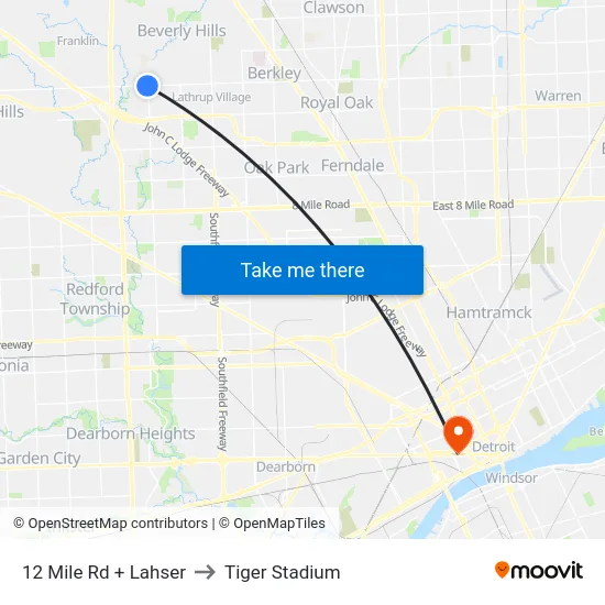 12 Mile Rd + Lahser to Tiger Stadium map