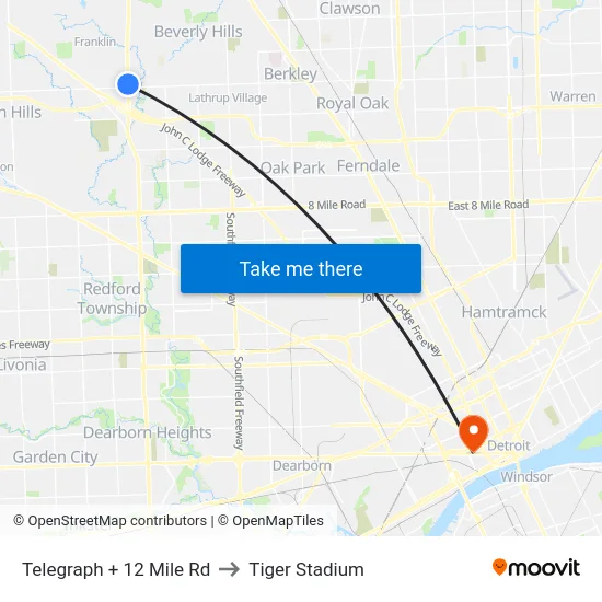 Telegraph + 12 Mile Rd to Tiger Stadium map