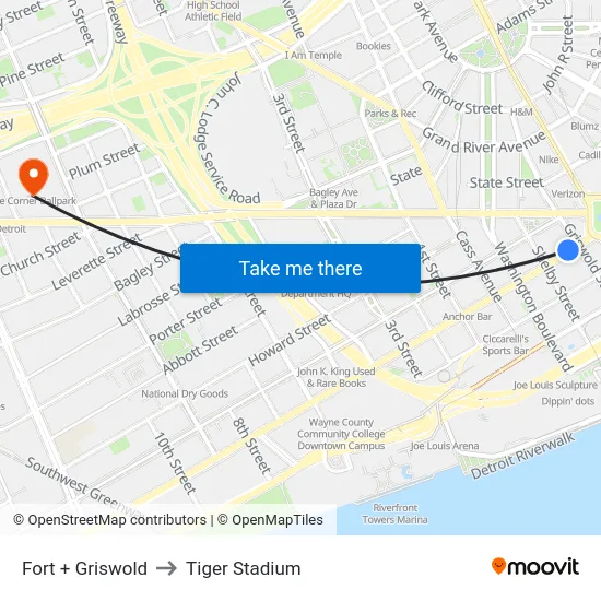 Fort + Griswold to Tiger Stadium map