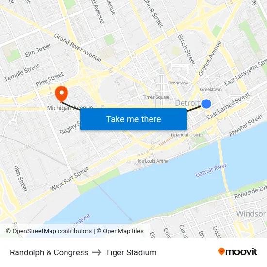 Randolph & Congress to Tiger Stadium map
