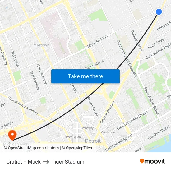 Gratiot + Mack to Tiger Stadium map