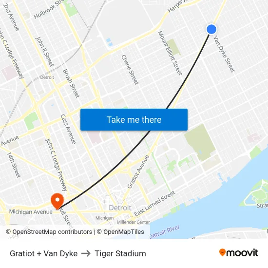 Gratiot + Van Dyke to Tiger Stadium map