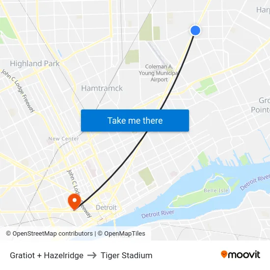 Gratiot + Hazelridge to Tiger Stadium map