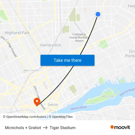 Mcnichols + Gratiot to Tiger Stadium map