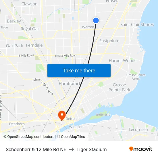 Schoenherr & 12 Mile Rd NE to Tiger Stadium map