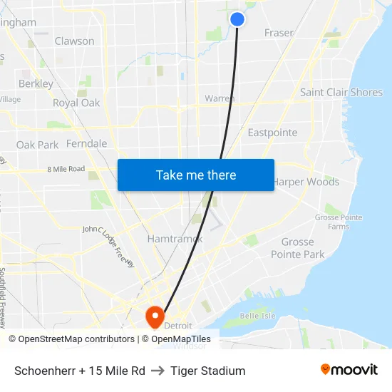 Schoenherr + 15 Mile Rd to Tiger Stadium map