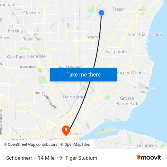 Schoenherr + 14 Mile to Tiger Stadium map