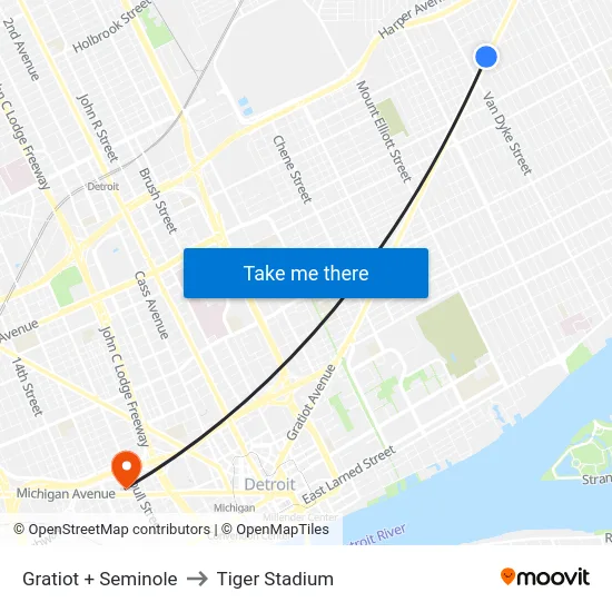 Gratiot + Seminole to Tiger Stadium map