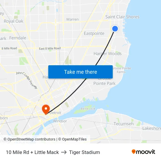 10 Mile Rd + Little Mack to Tiger Stadium map
