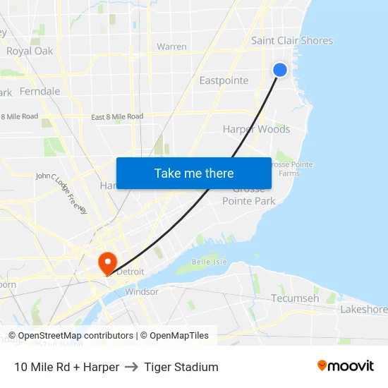10 Mile Rd + Harper to Tiger Stadium map