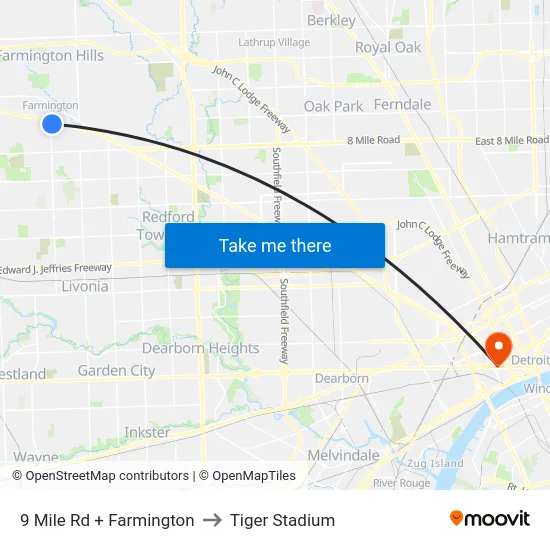 9 Mile Rd + Farmington to Tiger Stadium map