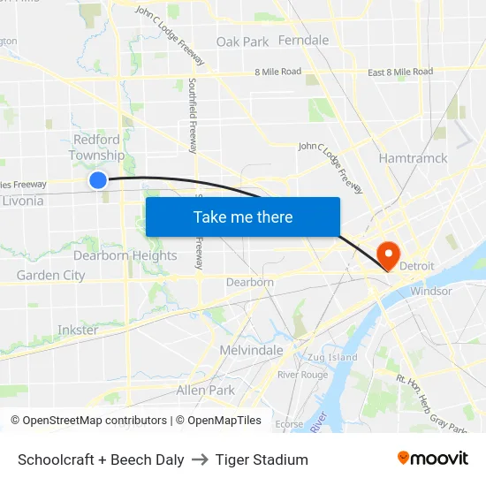 Schoolcraft & Beech Daly to Tiger Stadium map