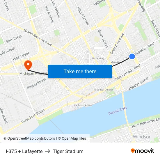 I-375 + Lafayette to Tiger Stadium map