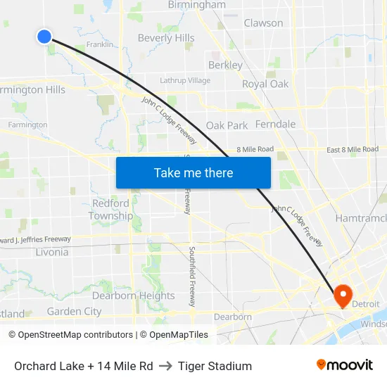 Orchard Lake + 14 Mile Rd to Tiger Stadium map