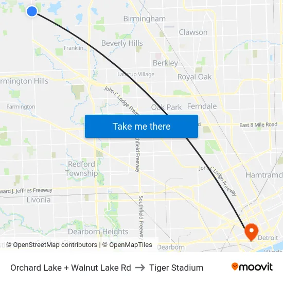 Orchard Lake + Walnut Lake Rd to Tiger Stadium map