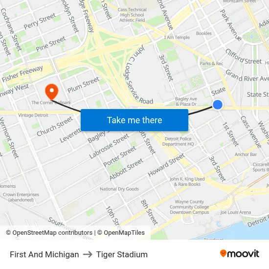 First And Michigan to Tiger Stadium map